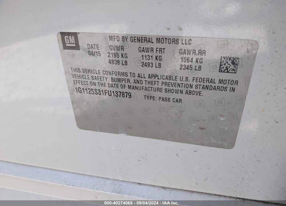 2015 CHEVROLET IMPALA 2LT VIN: 1G1125S31FU137879