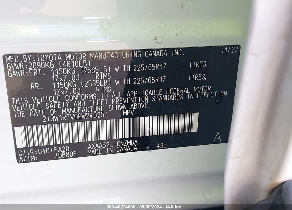 2023 TOYOTA RAV4 XLE VIN: 2T3W1RFV0PW240251