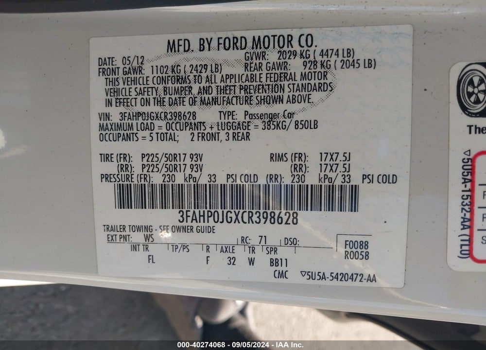 2012 FORD FUSION SEL VIN: 3FAHP0JGXCR398628