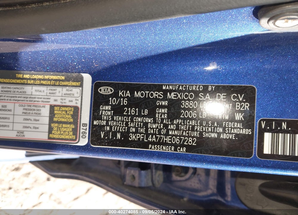 2017 KIA FORTE LX VIN: 3KPFL4A77HE067282