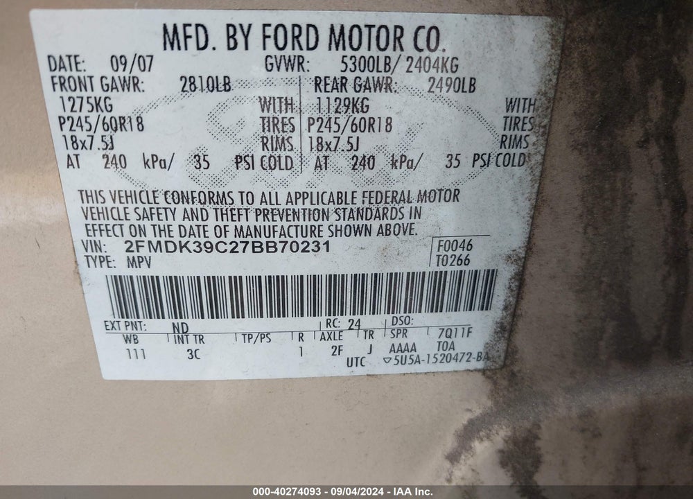 2007 FORD EDGE SEL PLUS VIN: 2FMDK39C27BB70231