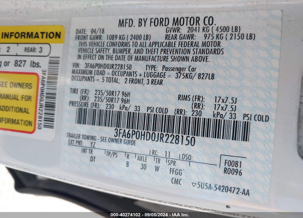 2018 FORD FUSION SE VIN: 3FA6P0HD0JR228150