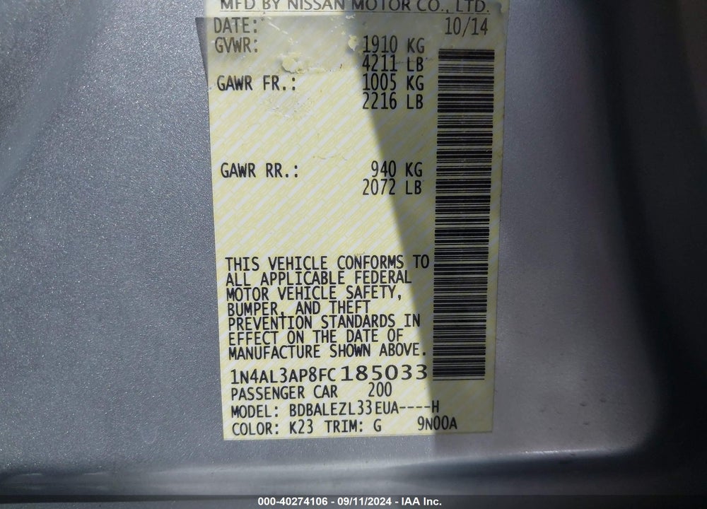 2015 NISSAN ALTIMA 2.5 S VIN: 1N4AL3AP8FC185033