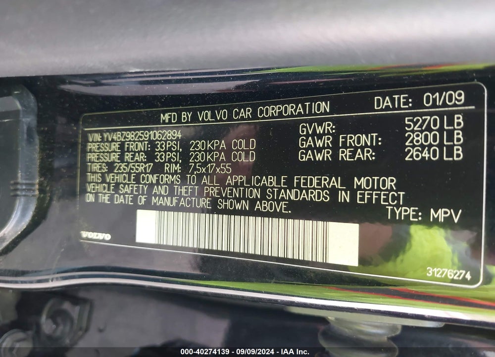 2009 VOLVO XC70 3.2 VIN: YV4BZ982591062894