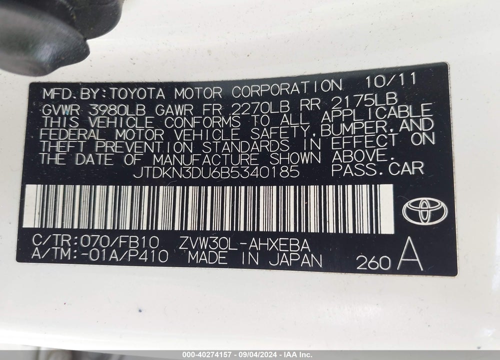 2011 TOYOTA PRIUS TWO VIN: JTDKN3DU6B5340185