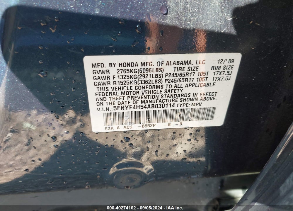 2010 HONDA PILOT EX-L VIN: 5FNYF4H54AB030114