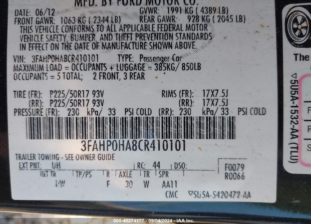 2012 FORD FUSION SE VIN: 3FAHP0HA8CR410101