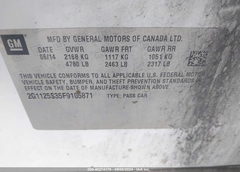 2015 CHEVROLET IMPALA 2LT VIN: 2G1125S35F9105871