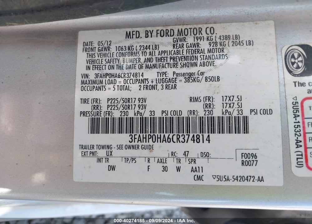 2012 FORD FUSION SE VIN: 3FAHP0HA6CR374814