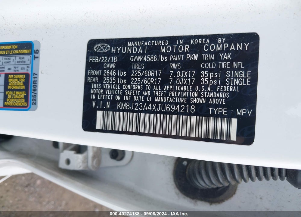 2018 HYUNDAI TUCSON SE VIN: KM8J23A4XJU694218