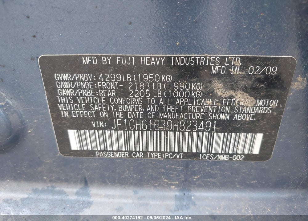 2009 SUBARU IMPREZA 2.5I VIN: JF1GH61639H823491
