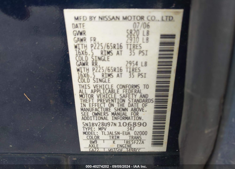 2007 NISSAN QUEST 3.5 S VIN: 5N1BV28U97N106890