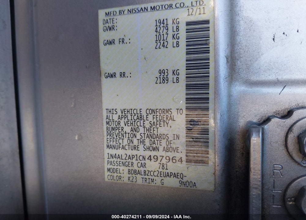 2012 NISSAN ALTIMA 2.5 S VIN: 1N4AL2AP1CN497964