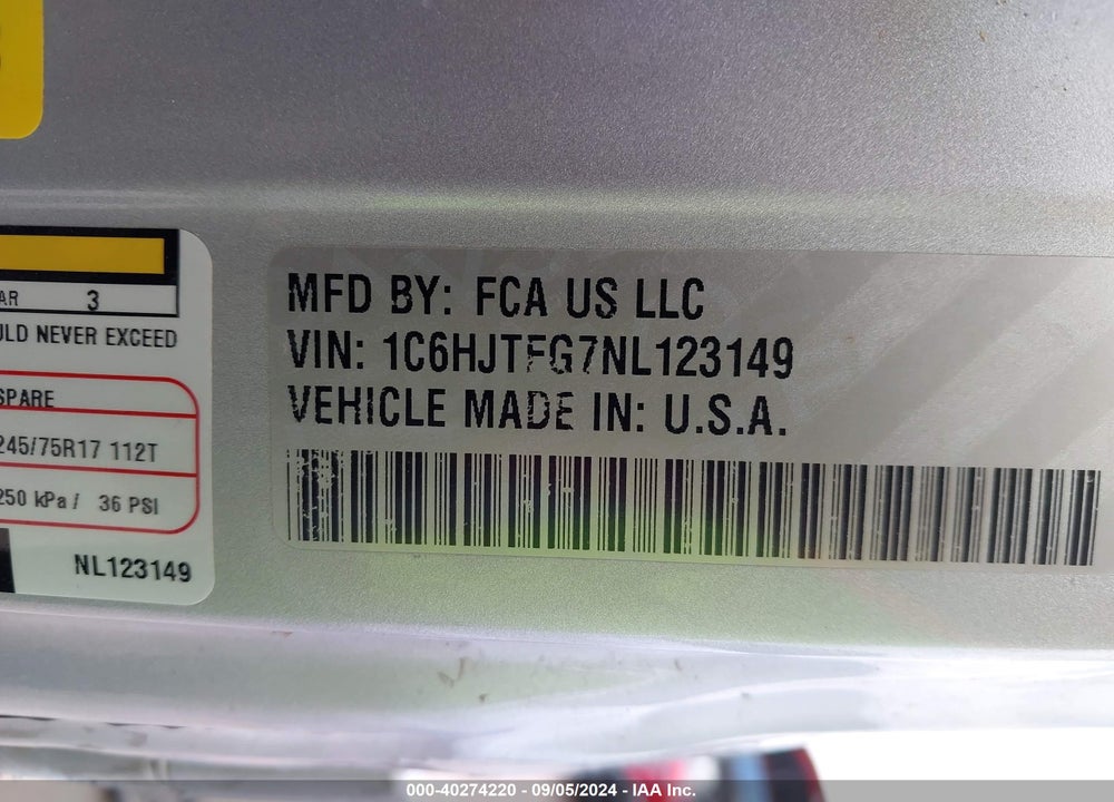 2022 JEEP GLADIATOR OVERLAND 4X4 VIN: 1C6HJTFG7NL123149