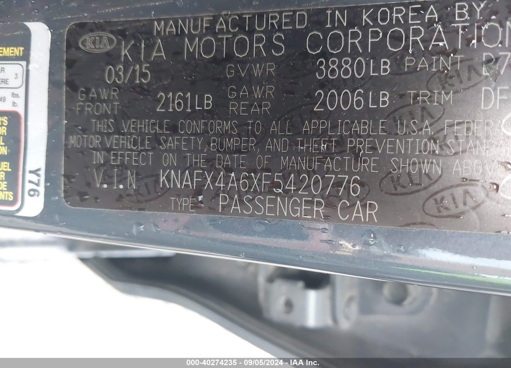 2015 KIA FORTE LX VIN: KNAFX4A6XF5420776