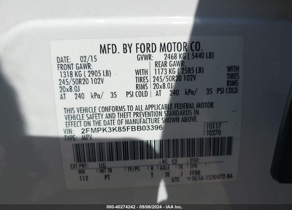 2015 FORD EDGE TITANIUM VIN: 2FMPK3K85FBB03396