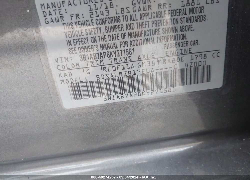 2019 NISSAN SENTRA SR VIN: 3N1AB7AP8KY271581