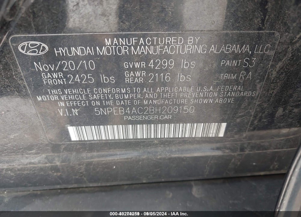 2011 HYUNDAI SONATA GLS VIN: 5NPEB4AC2BH209150