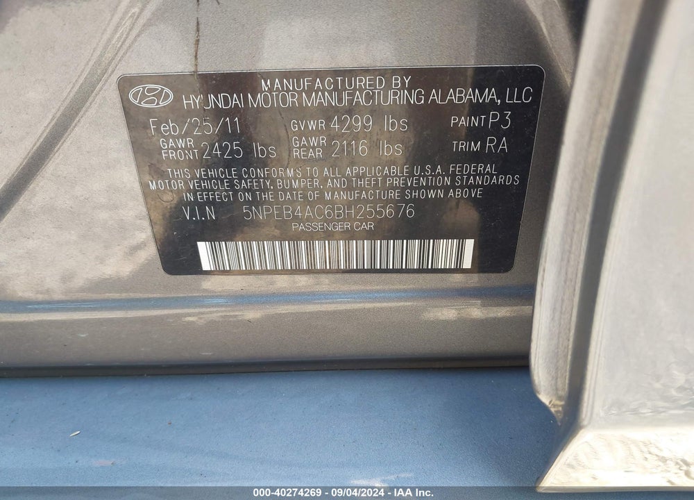 2011 HYUNDAI SONATA GLS VIN: 5NPEB4AC6BH255676