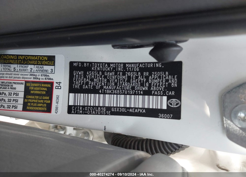 2007 TOYOTA AVALON LIMITED VIN: 4T1BK36B57U197114