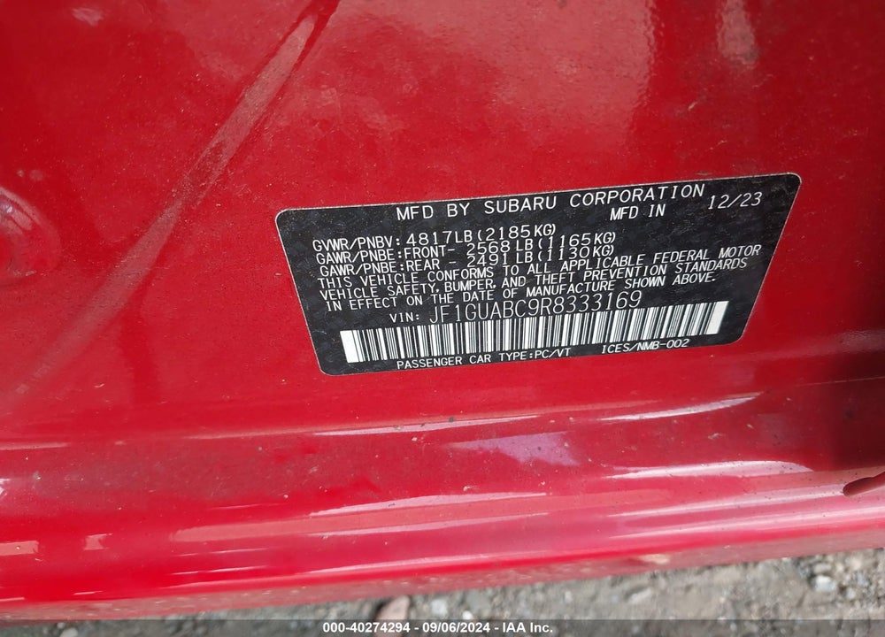 2024 SUBARU IMPREZA BASE 5-DOOR VIN: JF1GUABC9R8333169