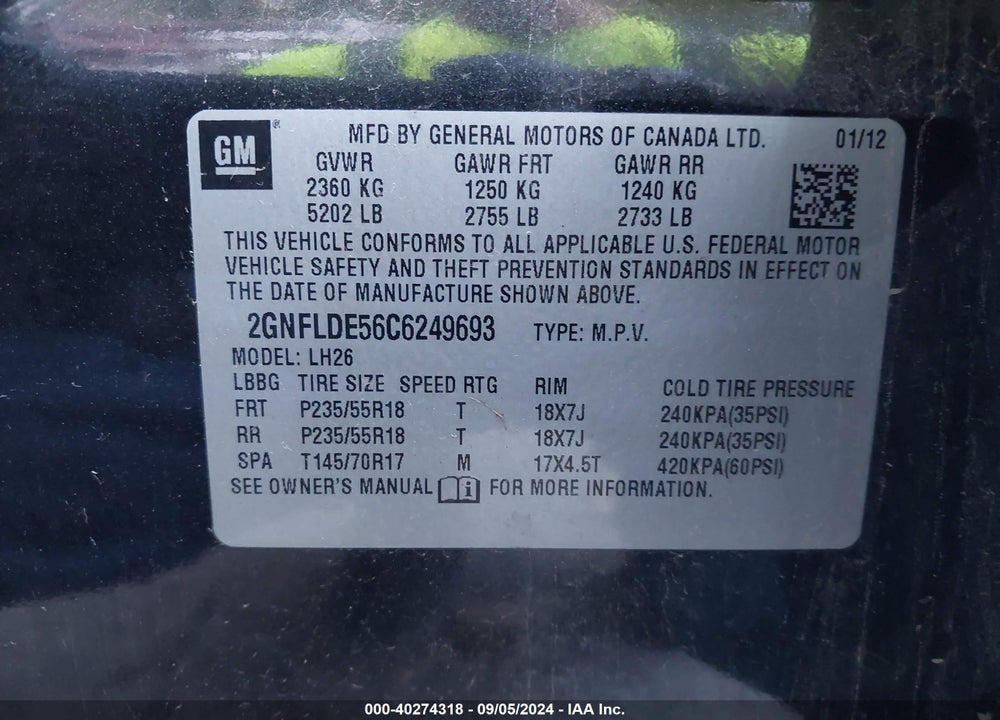 2012 CHEVROLET EQUINOX 1LT VIN: 2GNFLDE56C6249693