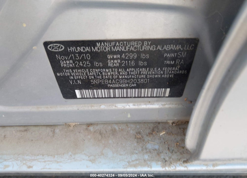 2011 HYUNDAI SONATA GLS VIN: 5NPEB4AC9BH203801