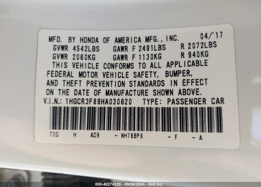 2017 HONDA ACCORD EX-L V6 VIN: 1HGCR3F89HA030820