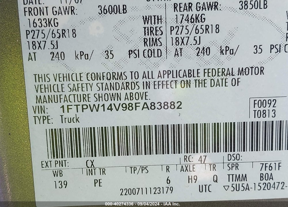 2008 FORD F-150 60TH ANNIVERSARY/FX4/KING RANCH/LARIAT/XLT VIN: 1FTPW14V98FA83882