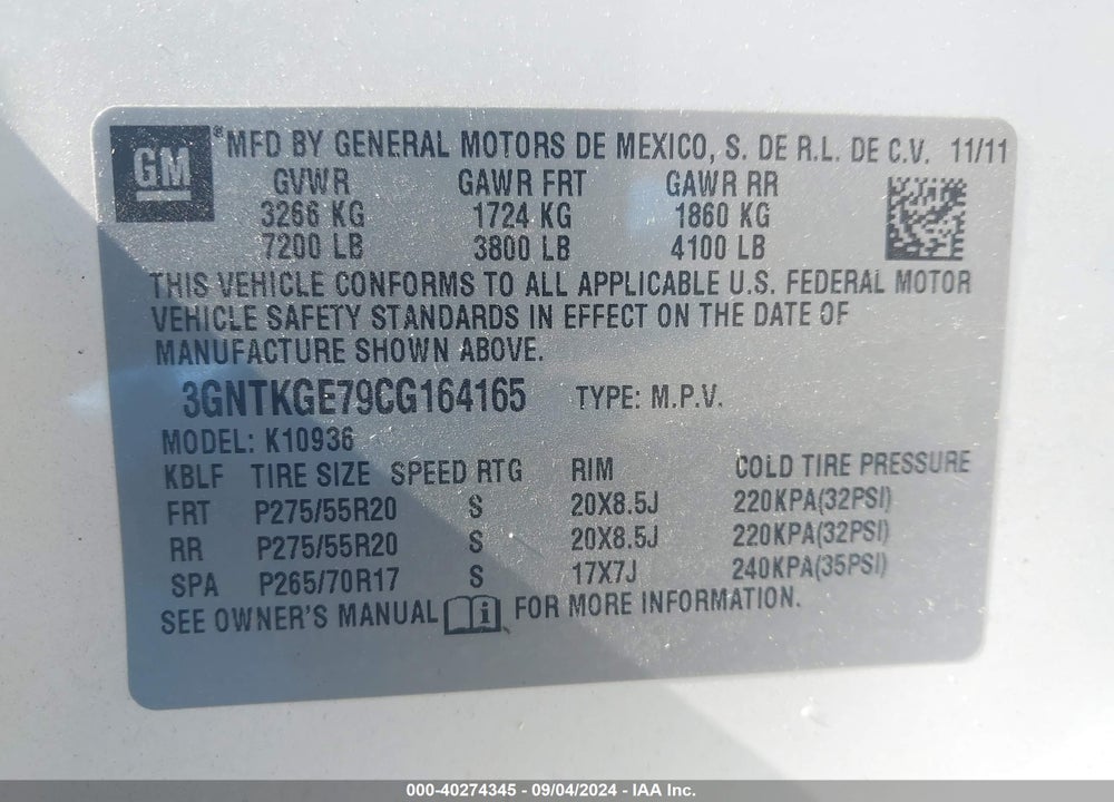2012 CHEVROLET AVALANCHE 1500 LTZ VIN: 3GNTKGE79CG164165
