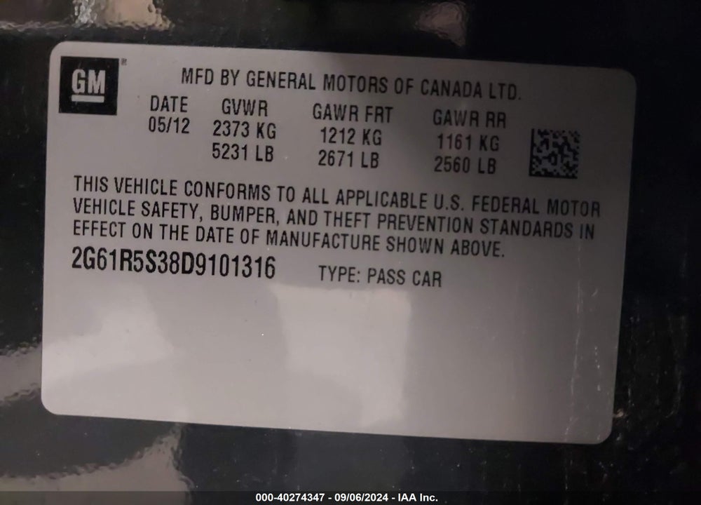2013 CADILLAC XTS LUXURY VIN: 2G61R5S38D9101316