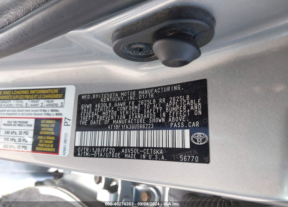 2016 TOYOTA CAMRY SE VIN: 4T1BF1FK3GU566223
