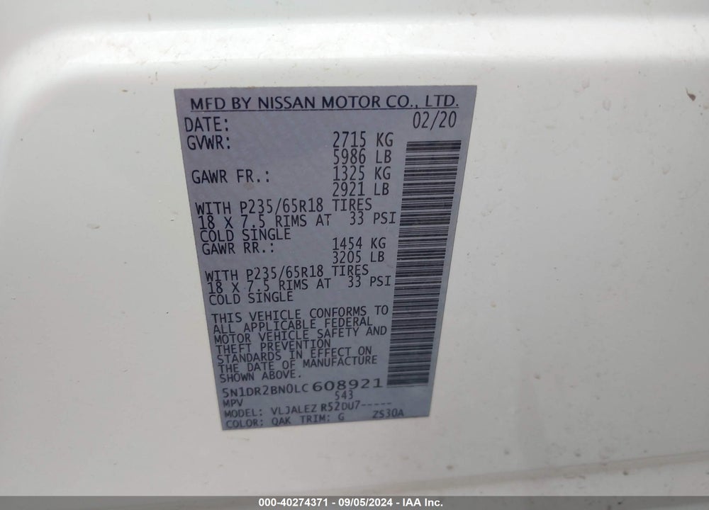 2020 NISSAN PATHFINDER SV 2WD VIN: 5N1DR2BN0LC608921