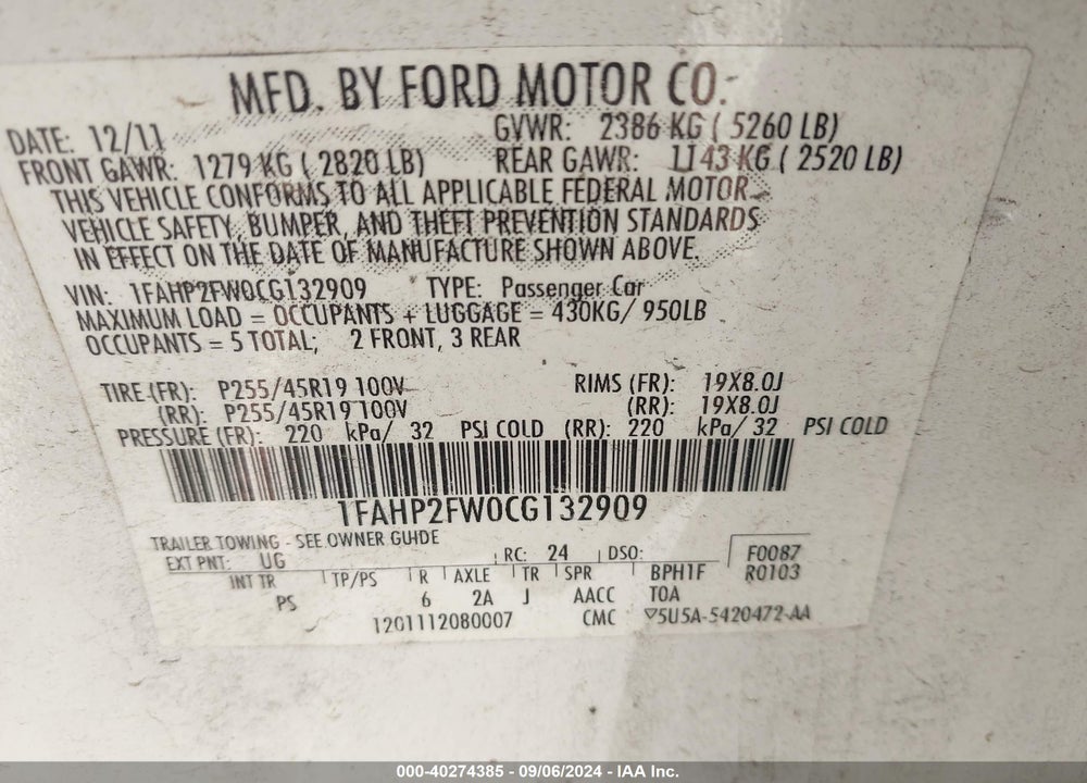 2012 FORD TAURUS LIMITED VIN: 1FAHP2FW0CG132909