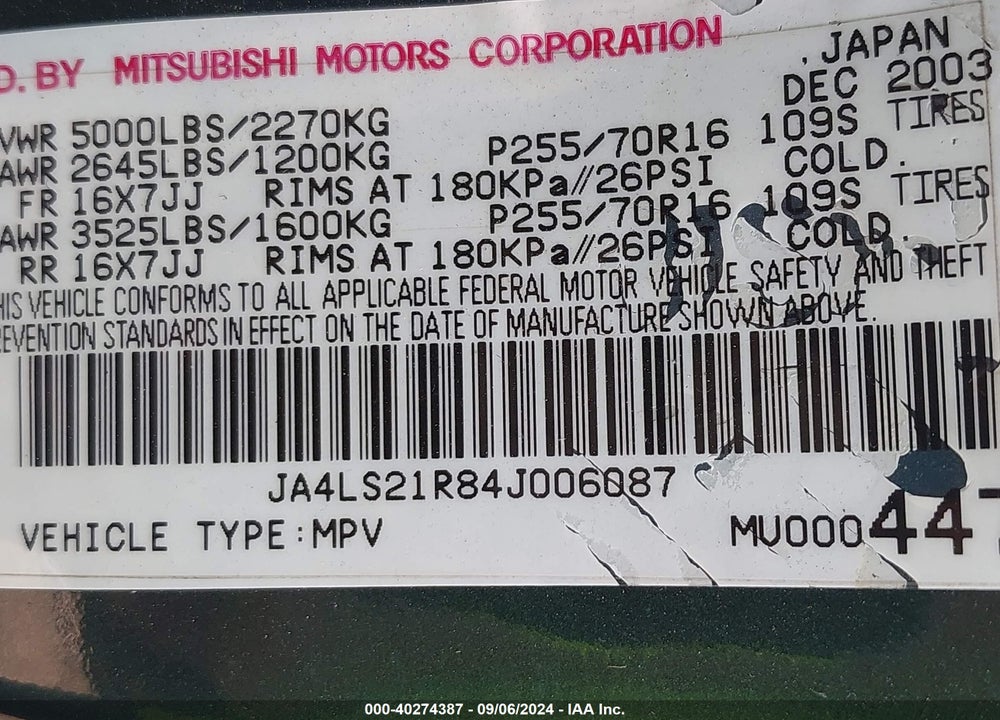 2004 MITSUBISHI MONTERO SPORT LS VIN: JA4LS21R84J006087