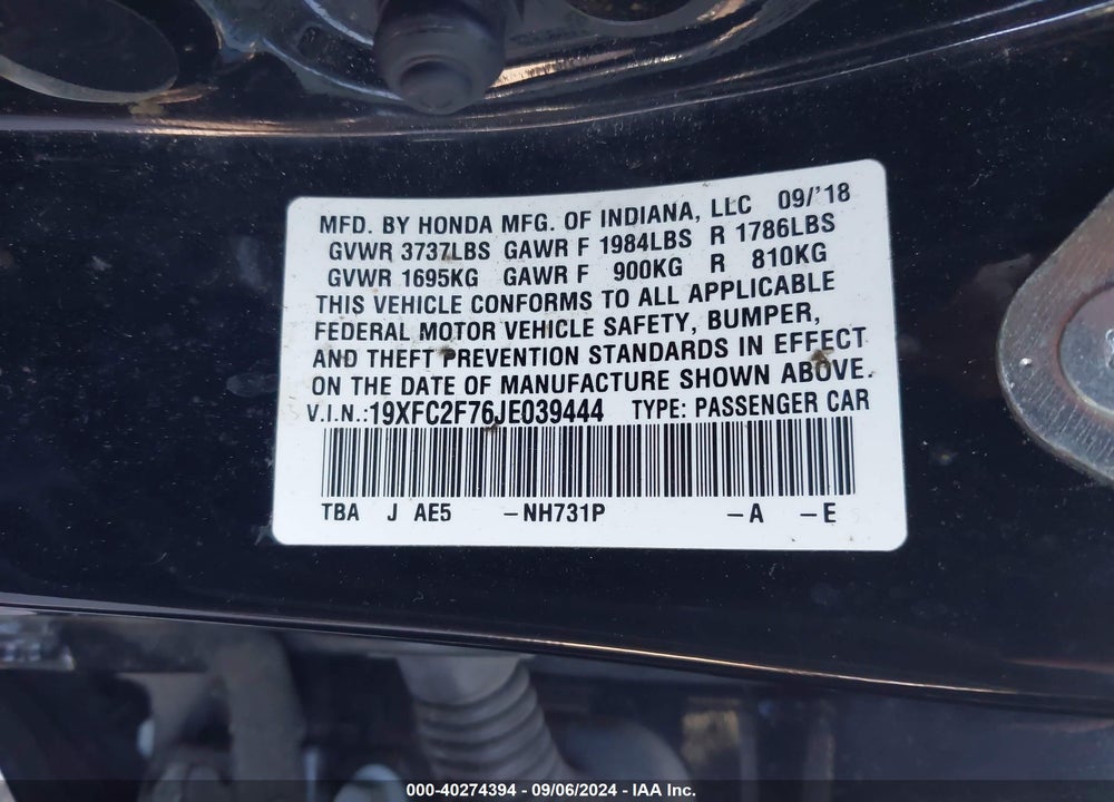 2018 HONDA CIVIC EX VIN: 19XFC2F76JE039444