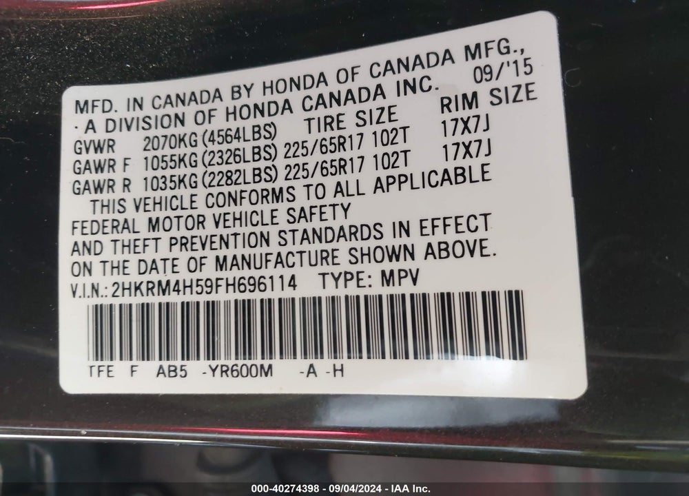 2015 HONDA CR-V VIN: 2HKRM4H59FH696114