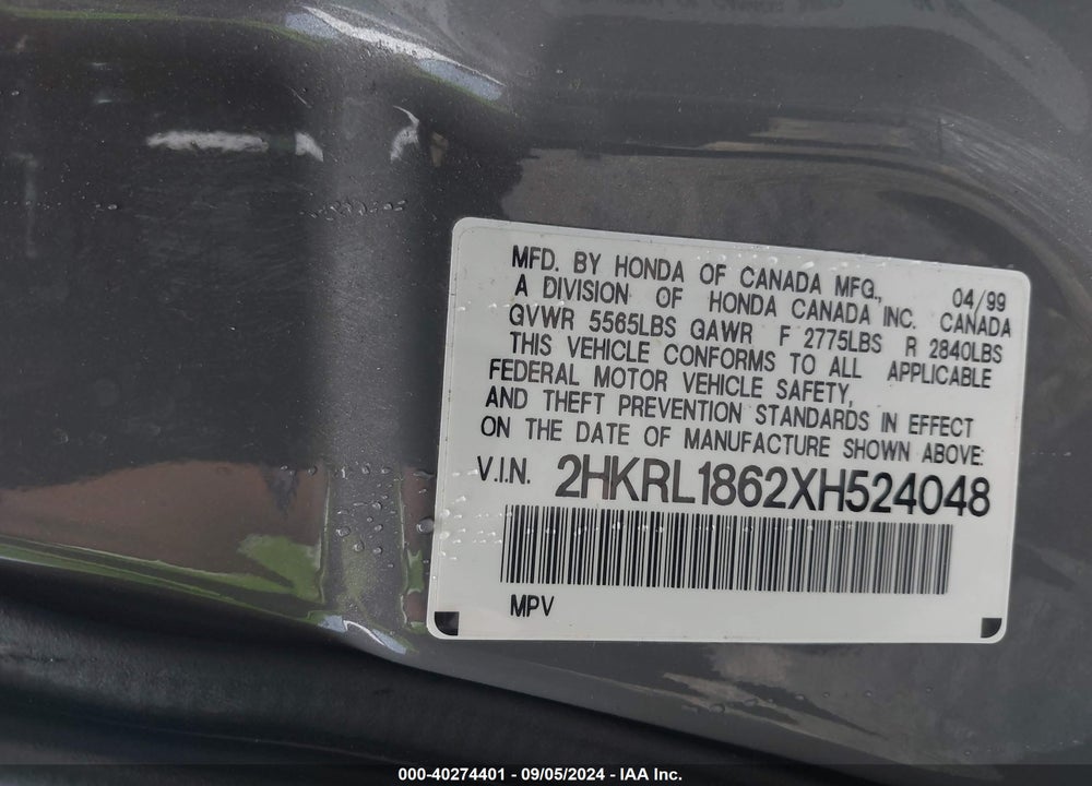 1999 HONDA ODYSSEY EX VIN: 2HKRL1862XH524048
