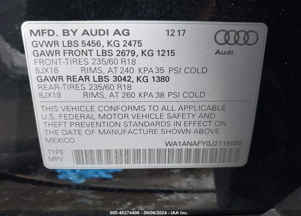 2018 AUDI Q5 2.0T PREMIUM/2.0T TECH PREMIUM VIN: WA1ANAFY0J2115058