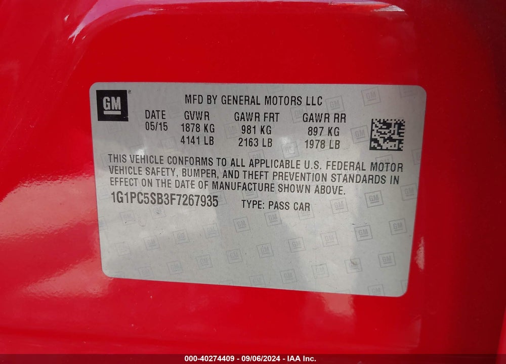 2015 CHEVROLET CRUZE 1LT AUTO VIN: 1G1PC5SB3F7267935