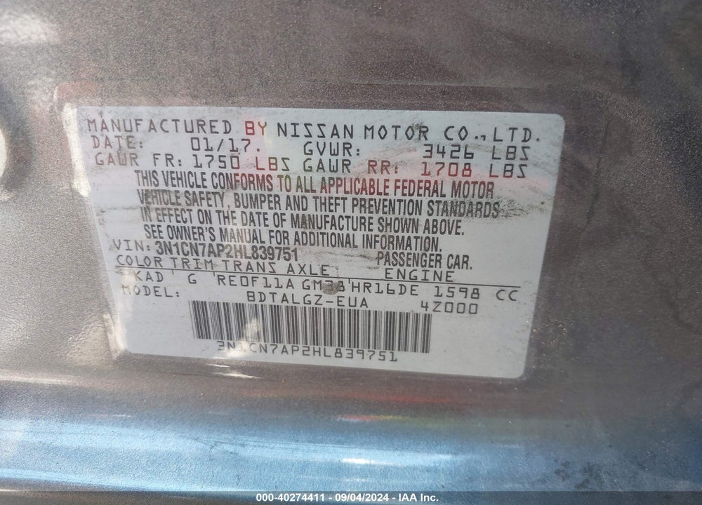 2017 NISSAN VERSA 1.6 SL VIN: 3N1CN7AP2HL839751