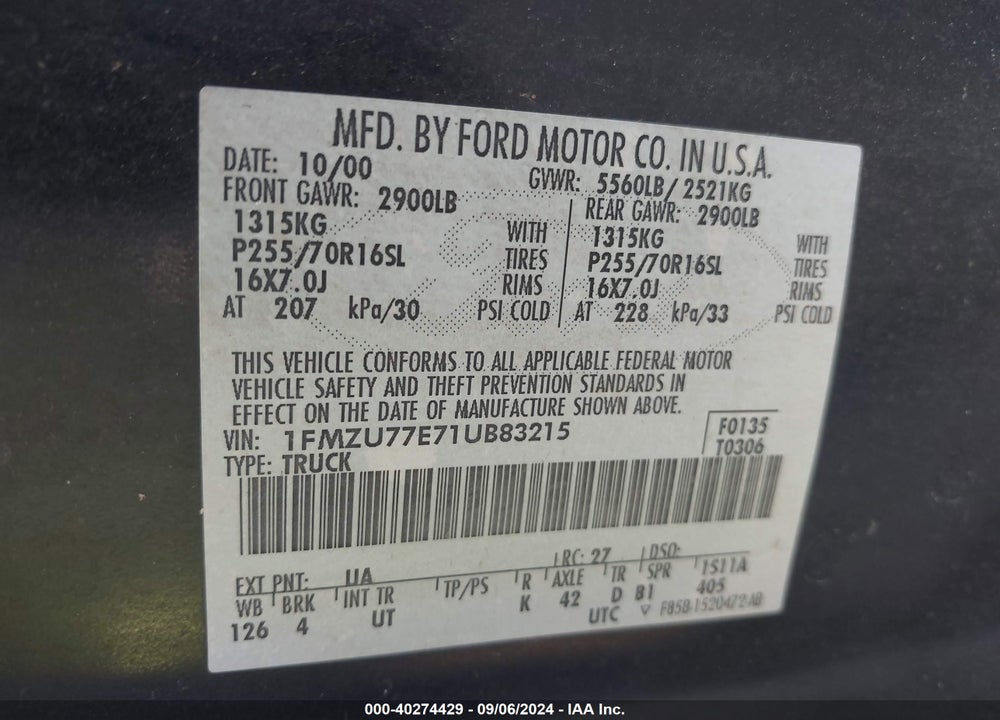 2001 FORD EXPLORER SPORT TRAC VIN: 1FMZU77E71UB83215