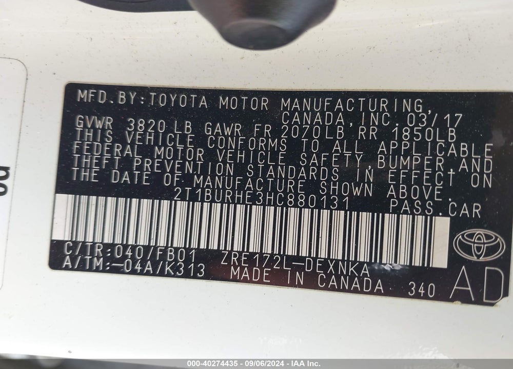 2017 TOYOTA COROLLA LE VIN: 2T1BURHE3HC880131