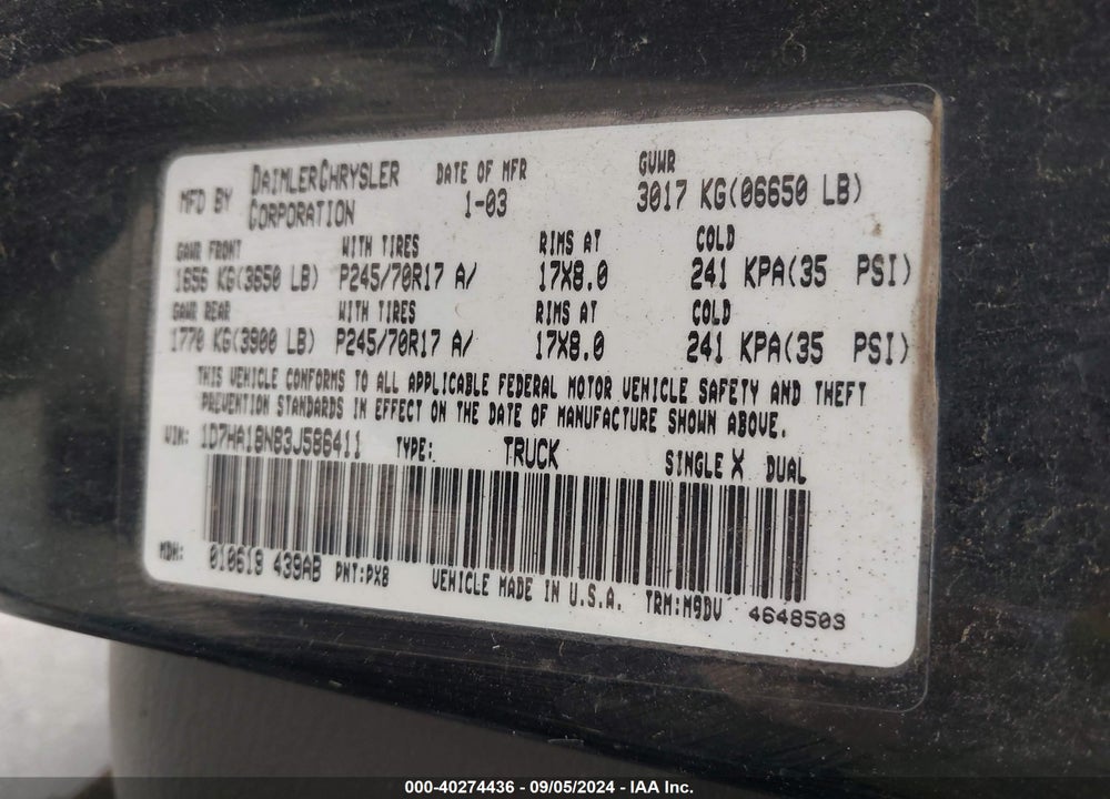 2003 DODGE RAM 1500 SLT/LARAMIE/ST VIN: 1D7HA18N83J586411