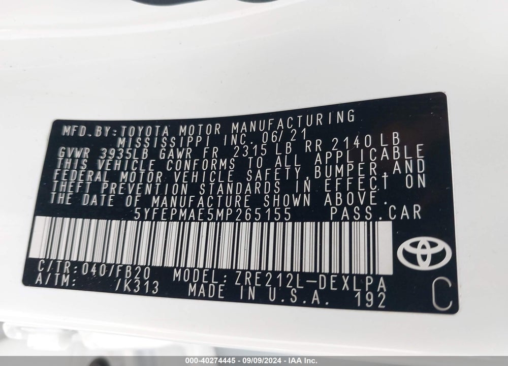 2021 TOYOTA COROLLA LE VIN: 5YFEPMAE5MP265155