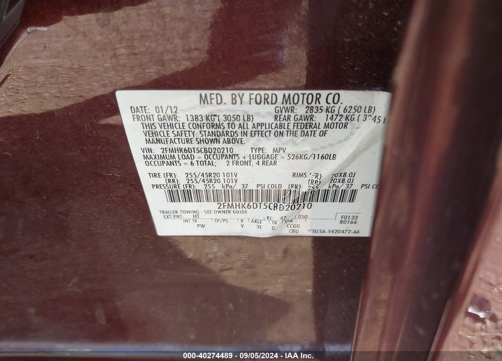 2012 FORD FLEX LIMITED VIN: 2FMHK6DT5CBD20210