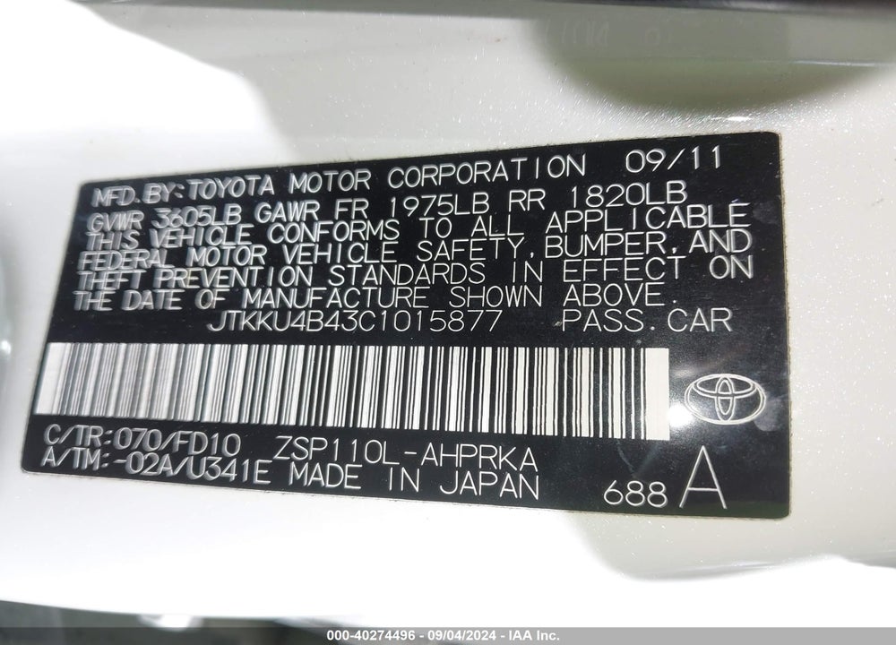 2012 SCION XD RELEASE SERIES 4.0 VIN: JTKKU4B43C1015877