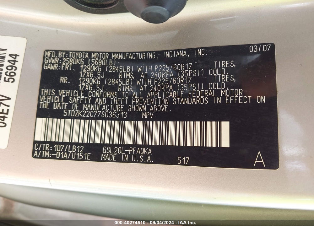 2007 TOYOTA SIENNA XLE VIN: 5TDZK22C77S036313