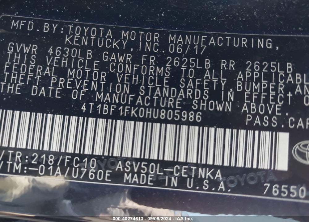 2017 TOYOTA CAMRY LE VIN: 4T1BF1FK0HU805986