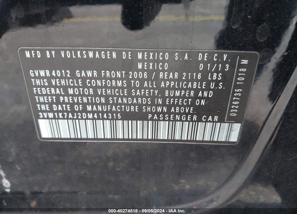 2013 VOLKSWAGEN JETTA VIN: 3VW1K7AJ2DM414315